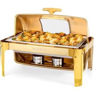 ROVSUN 9QT Chafing Dishes for Buffet, Roll Top Chafing Dish Buffet Set, Stainless Steel Buffet Warmer Chafers and Buffet Warmers Sets with Glass Window for Catering Events Parties Weddings, Gold