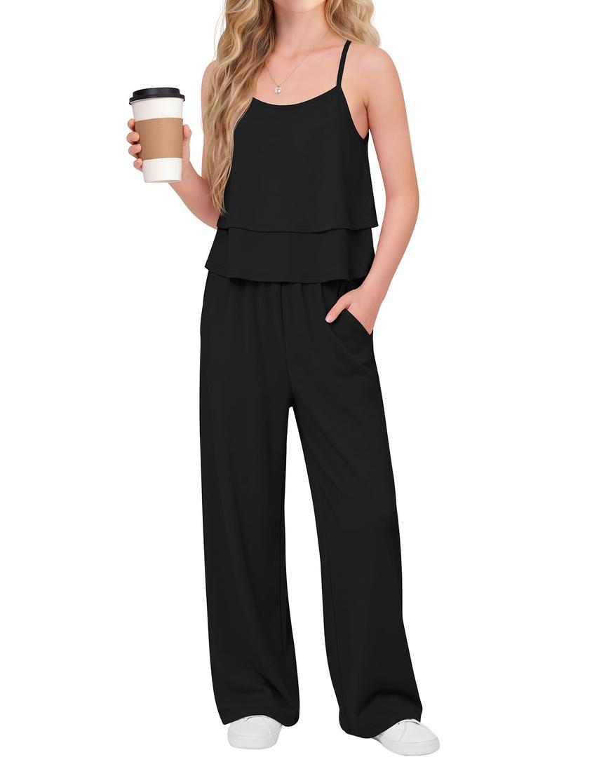 Custoneei Girls 2 Piece Outfit Sets Tween Ruffle Hem Summer Camisole Tops Straight Pants with Pockets Teens Clothes 5-14Y(Black,9-10 Years) (Black)