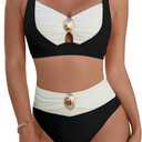 Blooming Jelly Womens High Waisted Bikini Sets Tummy Control Swimsuits Color Block Two Piece Bathing Suit Retro Swimwear (Small)