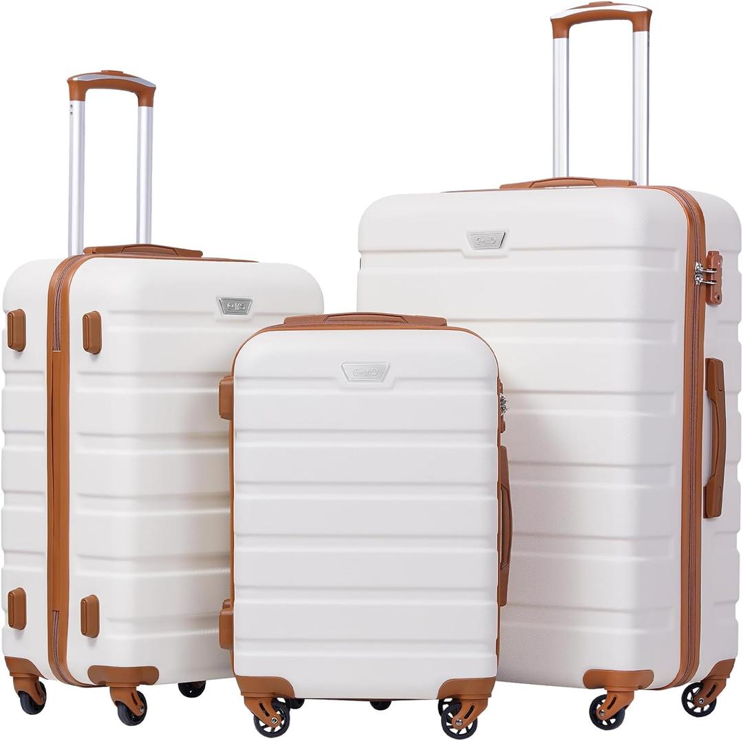 Coolife Luggage 3 Piece Set Suitcase Spinner Hardshell Lightweight TSA Lock (Apricot White, 3 Piece Set,(20in/24in/28in)