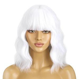 BERON 14 Inches White Wig with Bangs Short Curly White Wigs for Women Daily Party Hairnet Include