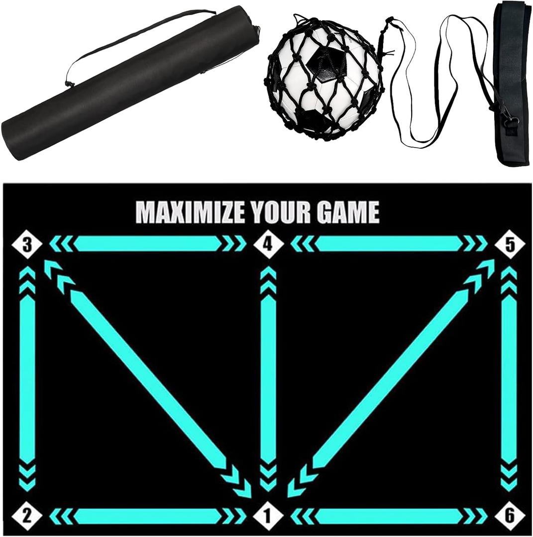 Football Footstep Training Mat, Soccer Training Mat 35 * 24IN, Soccer Skills Training Equipment with Storage Bag and Soccer Return Trainer Net (Black-Blue)