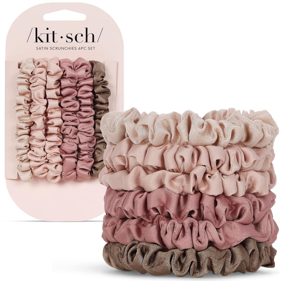 Kitsch Satin Scrunchies for Women - No Crease Hair Ties for Girls | Scrunchies For All Hair Types and Textures, Perfect for Day or Night | Ideal Gifts for Women - 6 Pcs, Terracotta
