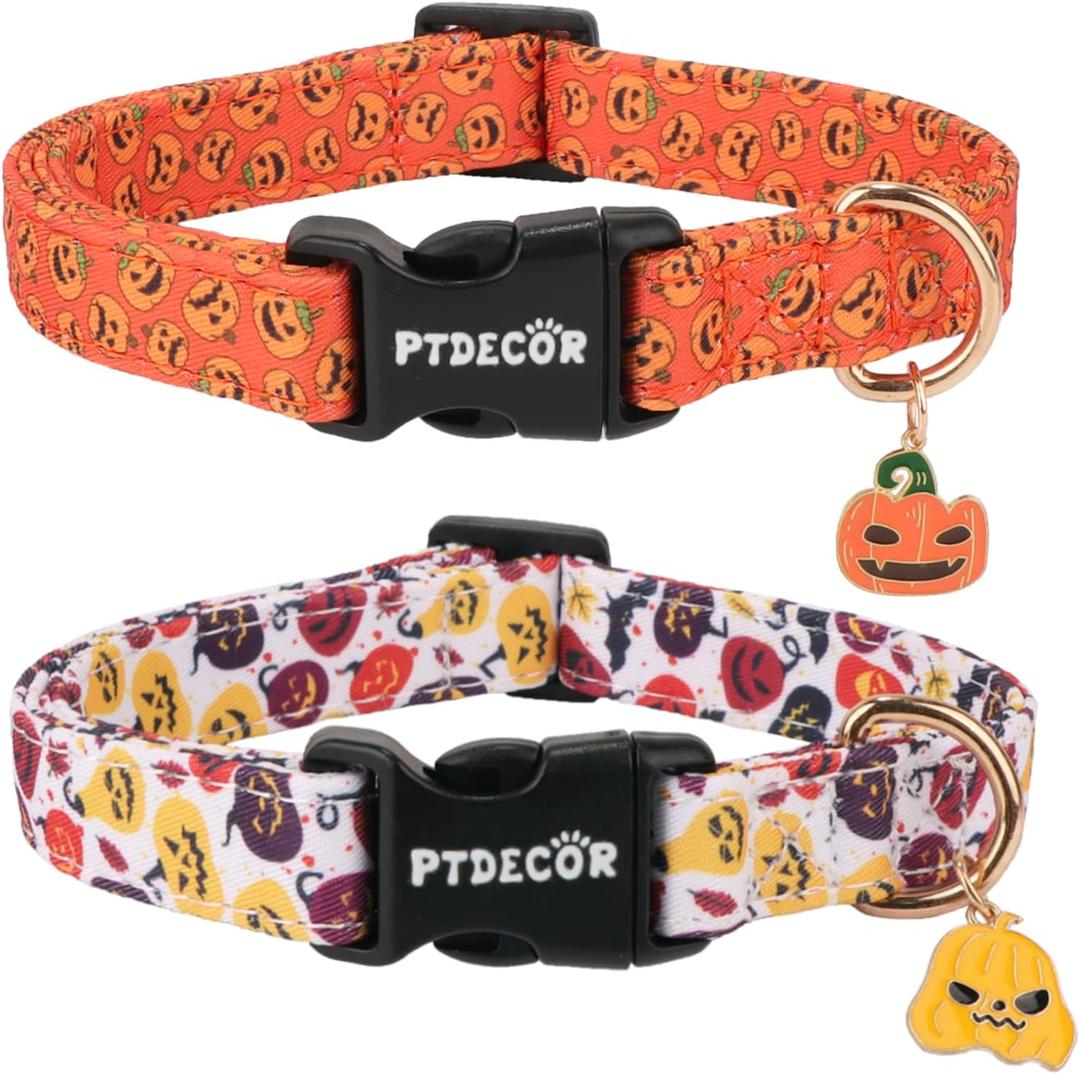 PTDECOR 2 Pack Halloween Dog Collar, Multi Size, Adjustable Orange Halloween Pumpkin Pet Collars for Small Dogs (Small) (SNeck 10"-14",Wideth 0.6"))