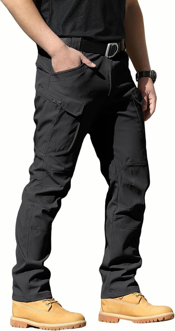 FLYFIREFLY Men's Tactical Cargo Pants Water Resistant Ripstop Outdoor Quick Dry Hiking Work Pants with Pockets(No Belt) (34, Black)