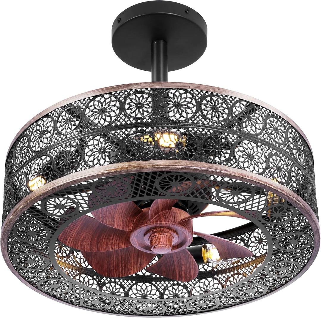 REDSTAR Small Caged Ceiling Fans with Lights, Black Industrial Ceiling Fan with Light and Remote, Farmhouse Ceiling Fan Light for Living Room, Bedroom, Kitchen, 17.7in