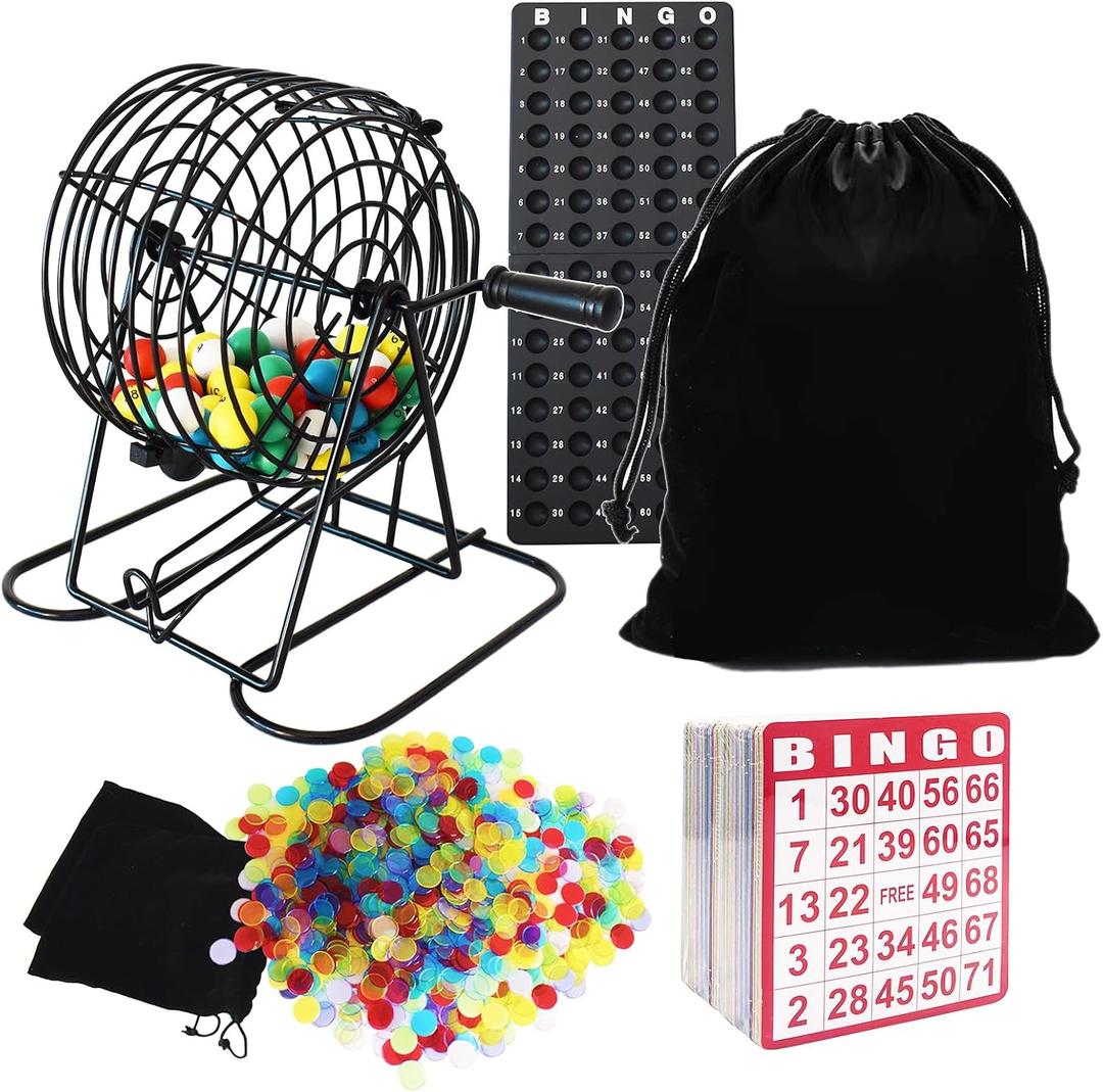 Yuanhe Deluxe Bingo Game Set - Includes 8" Metal Rotar Cage with Big Storage Bag,1000 Colorful Chips,100 Bingo Cards,75 Colored Balls and Masterboard, Great for Large Groups