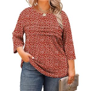 LOMON Plus Size Women Blouses 3/4 Length Sleeve Tops Crewneck Pleated Casual Tees Shirts 1X-5X (Red Daisy)