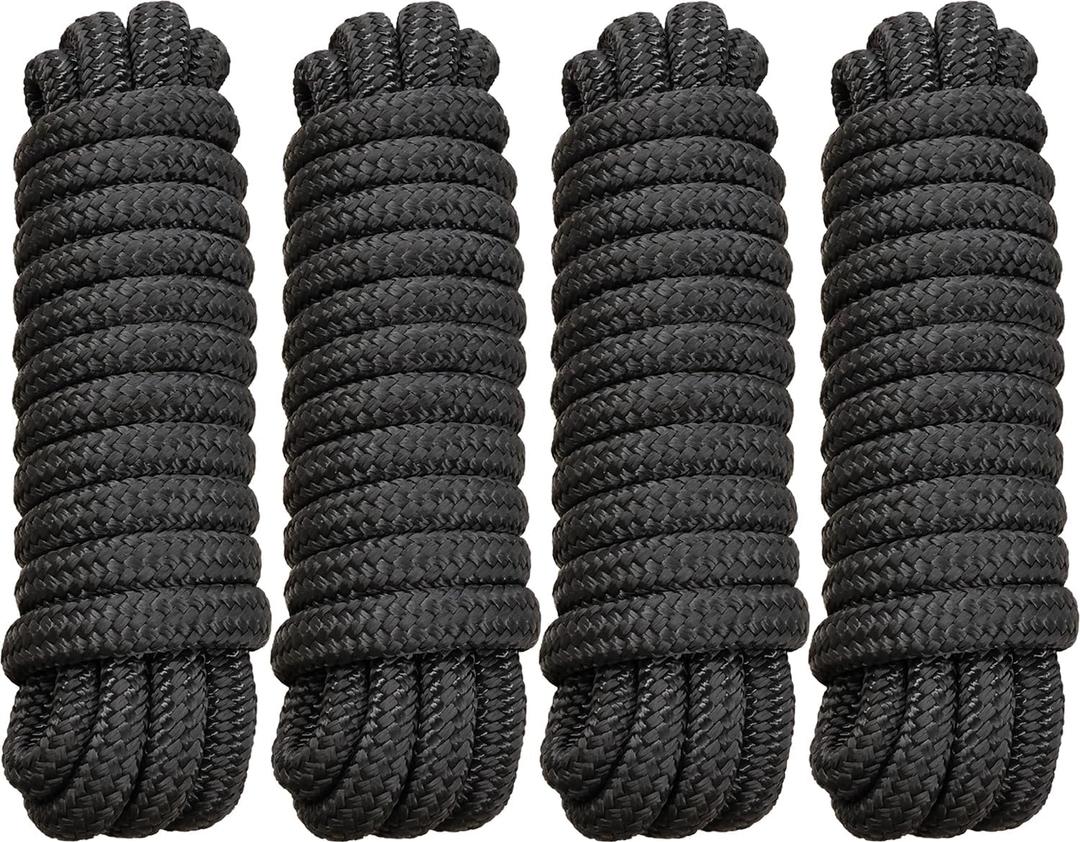 4 Pack 5/8" x 20' Dock Lines - Marine Grade Nylon Boat Rope with 15" Loop for Docking and Mooring - Double Braided Boat Lines, High Strength, Easy Handling, Fray Resistant - Black