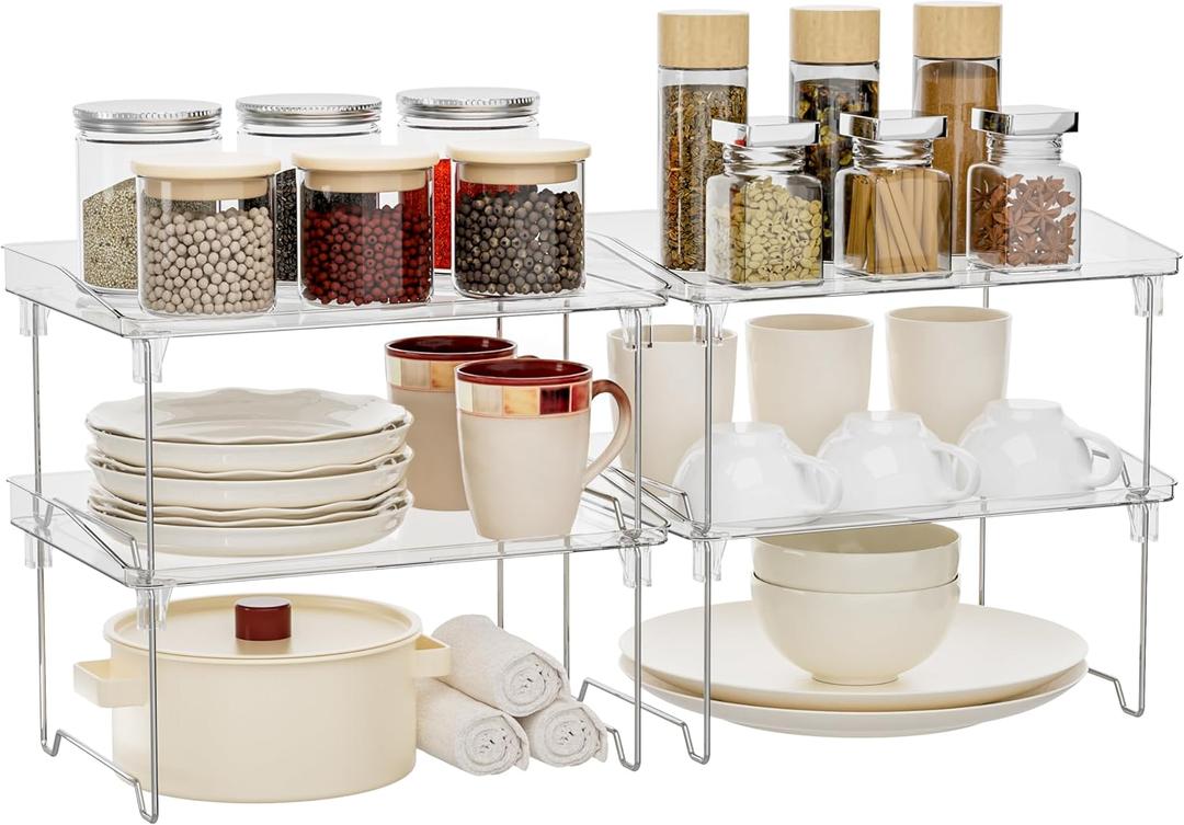 Acrylic Cabinet Organizer Shelf,4 Pcs Stackable Kitchen Counter Shelves, Spice Rack, Countertop Organizers,Clear Plastic Storage Organization for Makeup Bathroom,Cupboard,Desk,Pantry