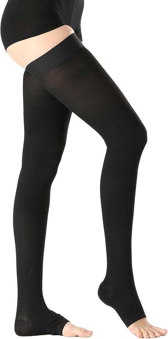 Thigh High Medical Compression Stockings For Women & Men Circulation,20-30 mmHg Graduated Support Hose Compression Socks with Silicone Dot Band-Ideal for Athletic,Flight,Travel Use (X-Large, Open Toe Black)