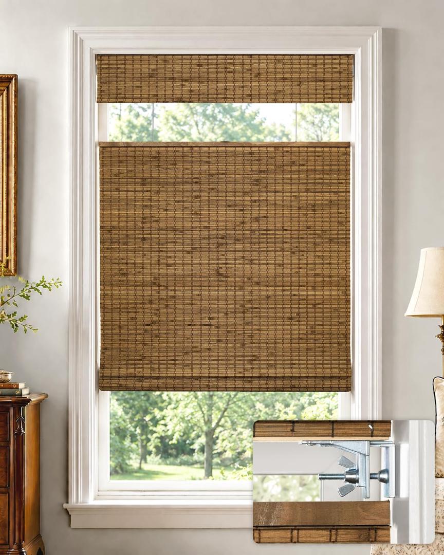 No Drill Cordless Bamboo Roman Shades, 31" W × 48" H, Highfield Teak