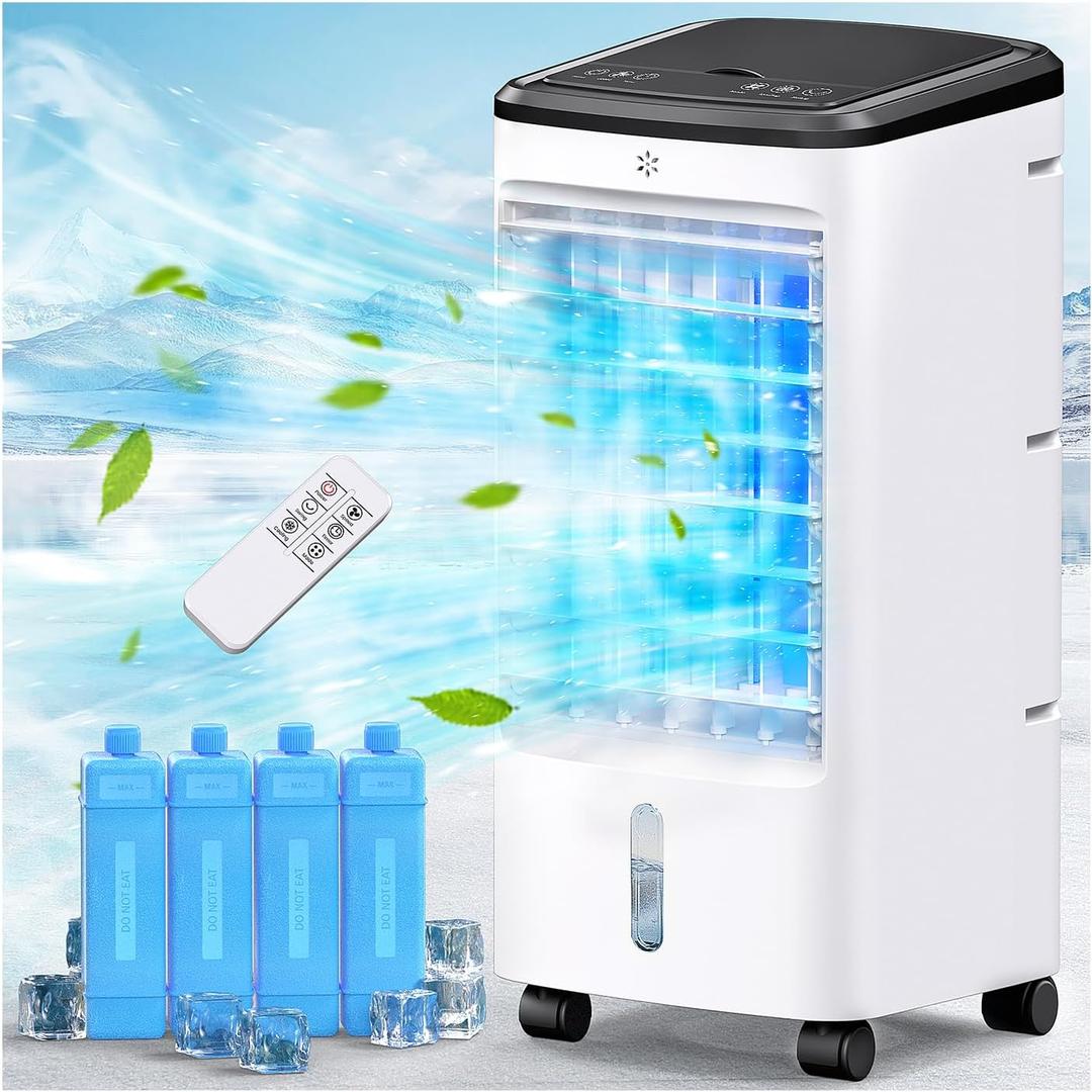 Windowless Air Conditioners, 4 In 1 Portable Swamp Cooler with 2 Water Tanks, Evaporative Air Cooler with 4 Ice Packs, 12H Timer, 3 Speeds 4 Modes, Remote, Cooling Fan for Bedroom, Home, Office