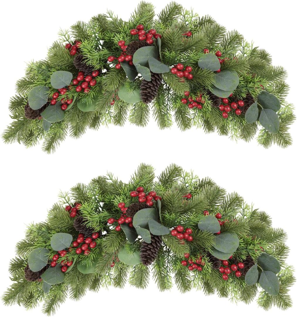U'Artlines 2PCS Christmas Swag for Front Door, 27.5" Artificial Decorative Swag with Red Berry, Pine Cone, Berries for Indoor & Outdoor Window Wall Fireplace Mantle Home Holiday Xmas Decor Swag