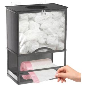 Plastic Bag Holder, Grocery Bag Holder with Trash Bag Roll Dispenser, Wall Mounted Soft Fabric Trash Bag Dispenser (Not Rigid), 14.6" L  7.7" W  19.3" H, for Kitchen Pantry Laundry Garage, Gray