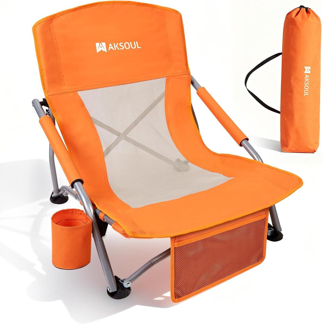 AKSOUL Folding Beach Chair for Adults: Low/High Back Chairs with Carry Bag - Extra Wide Seat Chair with Comfortable Pillow & Storage Pocket (1 Pack & 2 Pack, Blue), 23"*23"*24"