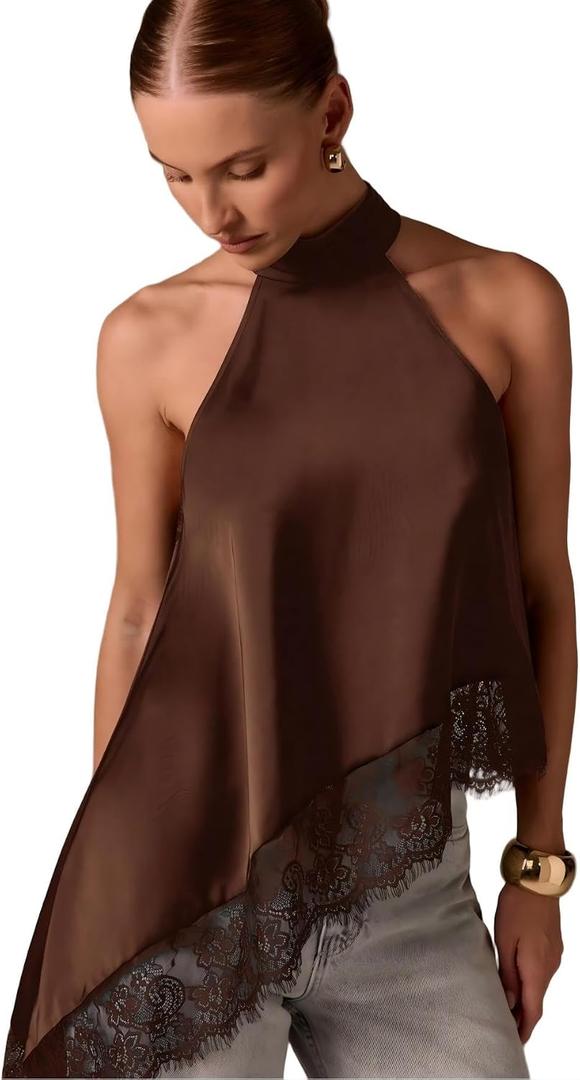 Y2k Halter Top Tank Asymmetrical Hem Satin Lace Trim Classy Going Out Tops Sleeveless Mock Neck Tops for Women (Brown, S)