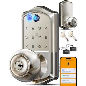 Veise VE018 Smart Knob Handle Lock - Fingerprint, App Control, Keyless Entry for Front Door and Bedroom, Electronic Digital Keypad, Auto Lock, Remote Access Sharing, IP55 Weatherproof, Satin Nickel