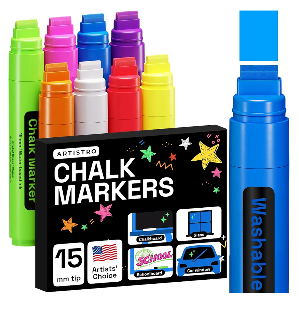 ARTISTRO 8 Liquid Chalk Window Markers for Car Glass Washable - Jumbo Tip 15 mm - Vibrant, Erasable, Non-Toxic Markers for Glass, Signs, Windows, Cars, Chalkboard for Kids & Adults