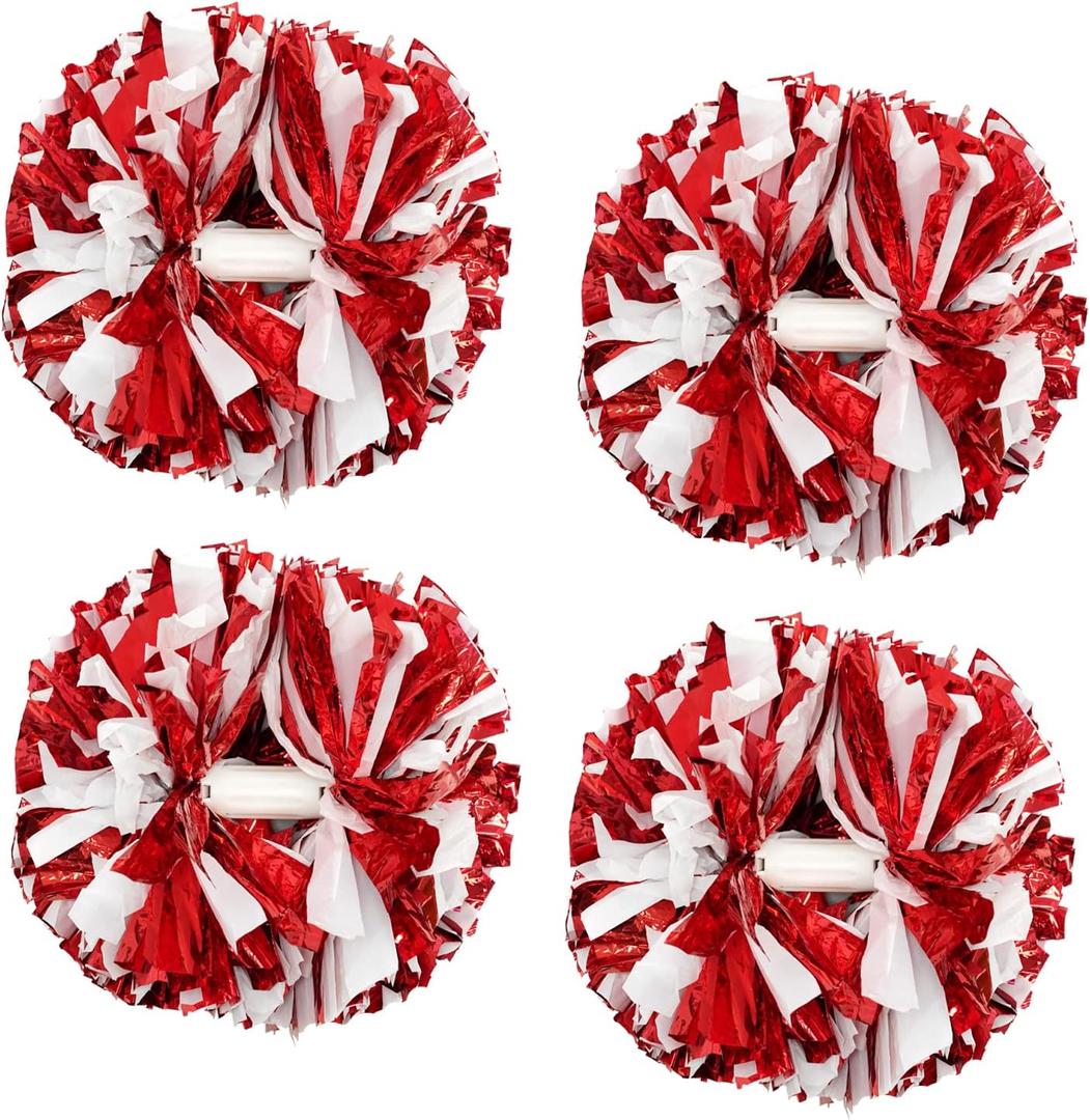 4Pcs Metallic Cheerleading Pom Poms, Creatiee 2 Pair Cheerleader Cheering Squad Pompoms for School Sports Dance Games Team Spirit Cheer (Red-White)
