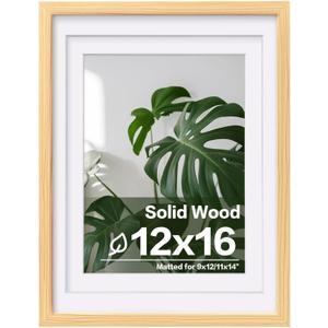 Egofine 12x16 Picture Frame Natural Wood Made of Solid Wood with Plexiglass, Display Pictures 9x12/11x14 with Mat or 12x16 Without Mat, for Wall Mounting Photo Frame