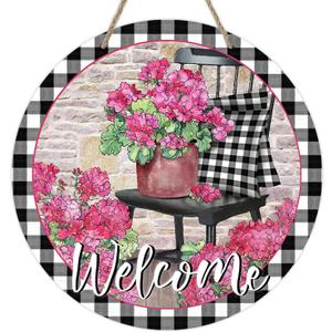 Deroro Welcome Spring Summer Geranium Flower Front Door Sign, Pink Floral Chair Buffalo Plaid Wood Door Hanger Outdoor Outside Porch Decor, Farmhouse Wooden Wreath Indoor Wall Hanging Decoration