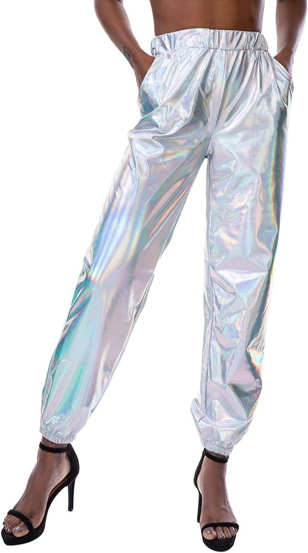SIAEAMRG Womens Shiny Metallic High Waist Stretchy Jogger Pants, Wet Look Hip Hop Club Wear Holographic Trousers Sweatpant (Large, Silver)