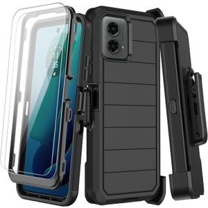 for Motorola Moto G 5G 2024 Case with Belt Clip Holster, 2X Screen Protector, Heavy Duty Shockproof Drop Protection Military Grade Rugged Full Body Phone Cover with Kickstand (Black)