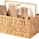 StorageWorks Hand-Woven Wicker Silverware Organizer - Water Hyacinth Cutlery Holder for Countertop with Handle (1-Pack)