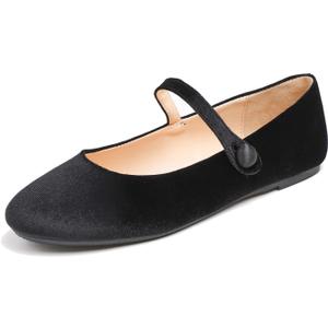 FEVERSOLE Women's Mary Jane Fashion Round Toe Easy Buckle Slip On Flats (7.5, Maryjane Black Velvet)