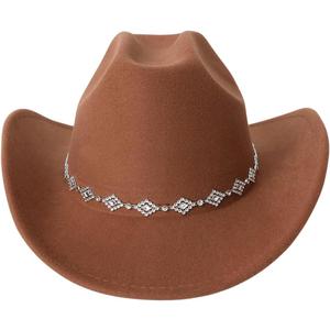 Verdusa Women's Western Cowboy Hat Rhinestone Wide Brim Cowgirl Hat (Brown)