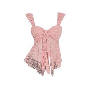 BEAUDRM Women's Y2k Lace Tank Top Sheer Mesh Asymmetrical Flowy Sweetheart Neck Sleeveless Going Out Party Club Rave Tops Solid Pink Small