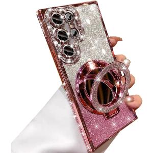 for Samsung Galaxy S25 Ultra Magnetic Kickstand Glitter Case,[Compatible with Magsafe] Bling Sparkly Rhinestones with Camera Protector Makeup Mirror Women Girls Case for Galaxy S25 Ultra,Pink