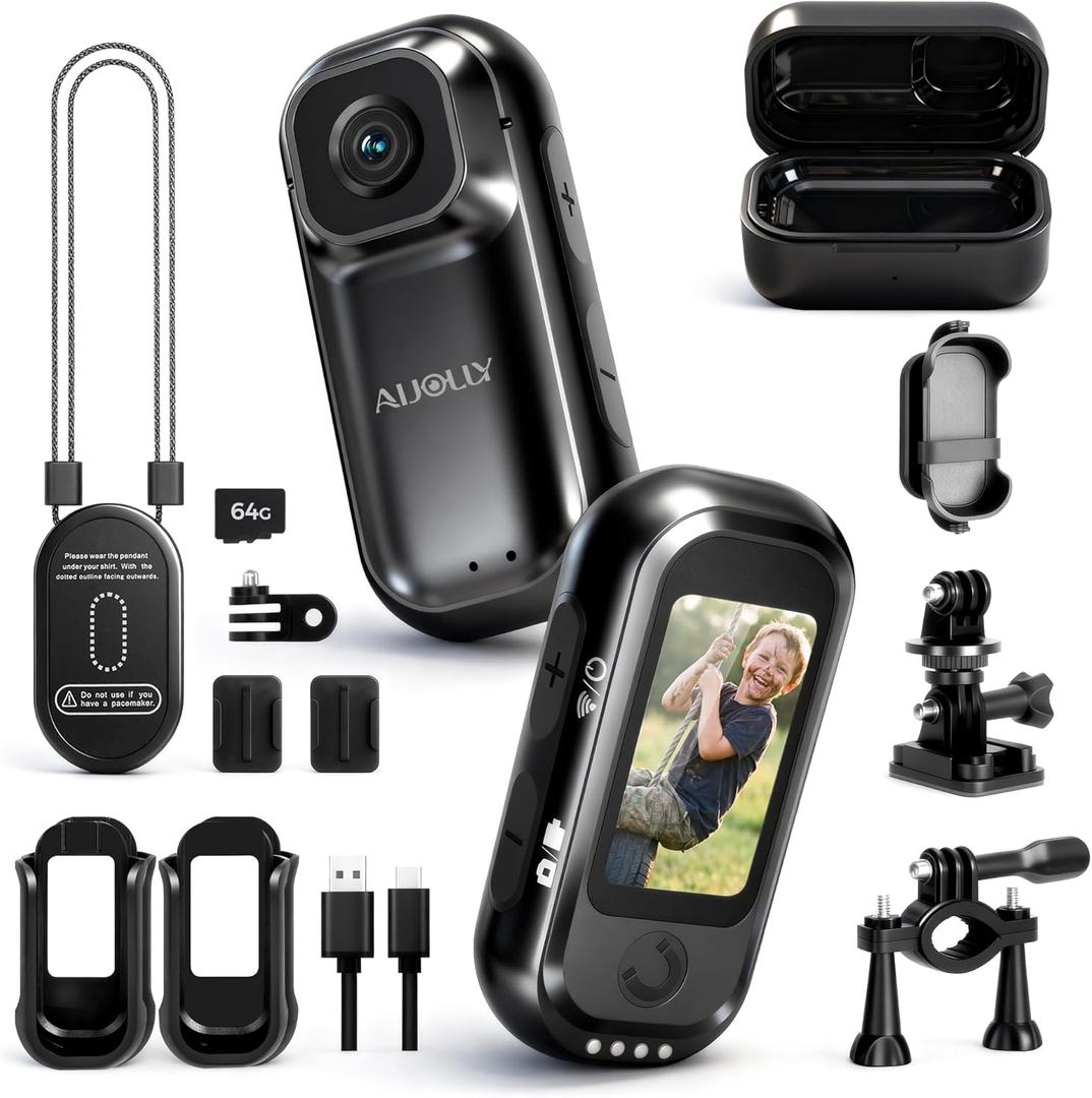 POV Body Camera with 1.47" Display, 2K HD Thumb Action Camera, 64GB Magnetic Wearable Body Cam with Charging Case, 6-8H Total Runtime, App GPS Data Overlay & Stabilization