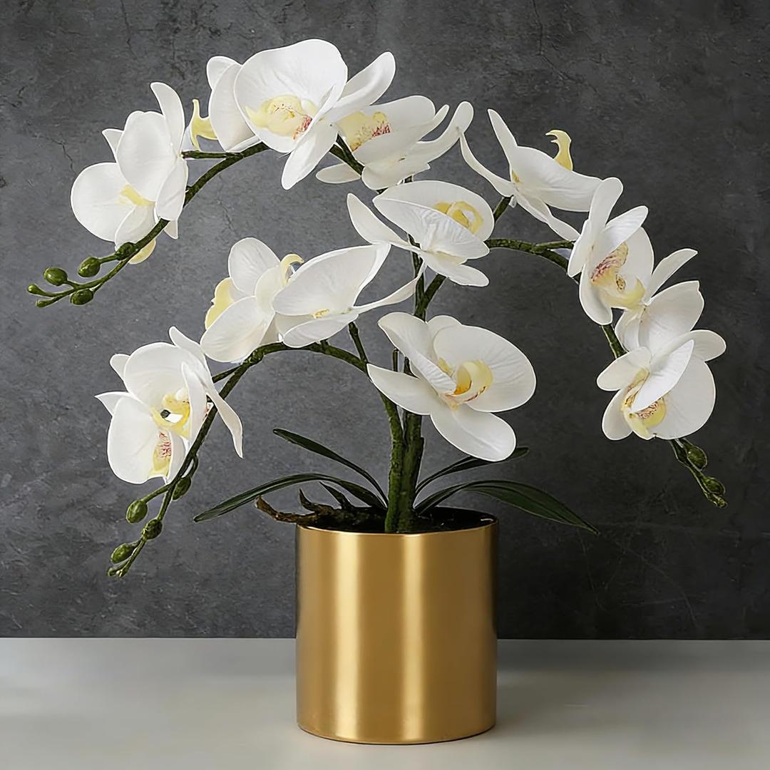 LESING Potted Artificial Orchid Flowers,Real Touch White Fake Artificial Orchid Flower in Gold Vase Arrangement for Table Living Room Decoration (White,Gold Vase)