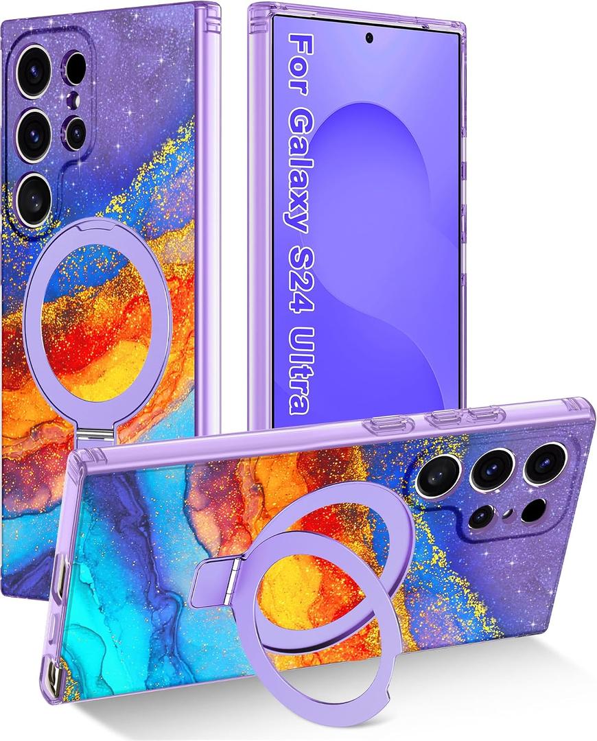 Magnetic for Samsung Galaxy S24 Ultra Case with Invisible Ring Stand [Compatible with MagSafe], Full Body Rugged Slim Women Men Girl Shockproof Marble Pattern Design Case,Orange/Blue