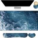 ARTSO Gaming Mouse Pad Extended, Keyboard Wrist Rest Pad & Wrist Support Abstract Mousepad Set, Non-Slip Base, Memory Foam Desk Mat, Ocean Waves