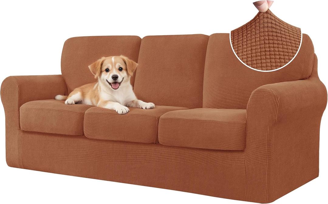 CHUN YI 7 Piece Couch Covers Sofa Covers Washable, Stretch Sofa Slipcovers for 3 Cushion Couch with Seperate Backrest and Cushion Covers, Anti Slip Furniture Protector for Dogs Pets (Large, Brick)