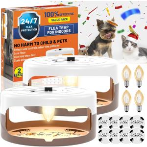 2 Pack Flea Traps for Inside Your Home, Indoor Flea Light, Bed Bug Killer with 8 Sticky Pads & 4 Light Bulbs, Odorless Natural Insect Infestation Treatment Trap for Kid Pet (White Brown)