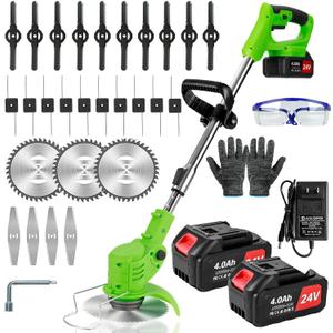 Weed Wacker Cordless,24v Electric Weed Eater Battery Powered,3 in 1 Lightweight Grass Trimmer with 2 4.0 Ah Batteries & Charger, Height Adjustable Brush Cutter for Women,Lawn Care,Garden,Yard (Green)
