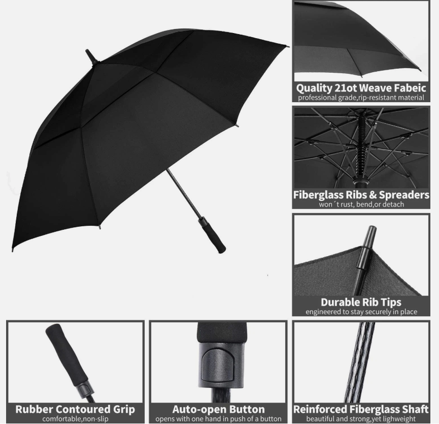 54/62/68/72 Inch Automatic Open Golf Umbrella Extra Large Oversize Double Canopy (Black)