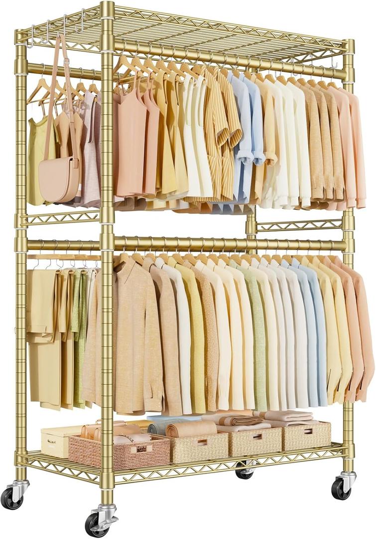ULIFHOME P4 Plus Rolling Clothes Rack Heavy Duty, Clothing Racks for Hanging Clothes, Free Standing Garment Racks with Wheels, Portable Closet Rack 45'' W 20.5'' D 80.5'' H, Max Load 570 Lbs, Gold