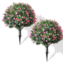 2-Pack Artificial Boxwood Topiary Ball Plant with Pink Flowers, Ground Stake, UV-Resistant Outdoor & Indoor Decorative Flowers
