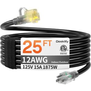 12AWG 25 FT Heavy Duty Outdoor Extension Cord Waterproof with Lighted End,Black 12 Gauge Extension Cord Flexible and Cold Resistant 3 Prong Grounded Plug,15Amp 1875W SJTW ETL Listed