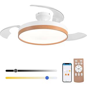 Retractable Ceiling Fan with Lights, 42 Inch Low Profile Ceiling Fan with Light, Ceiling Fans with Lights and Remote Modern Fandelier for Bedroom Living Room Dinning Room (Wood)