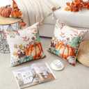 2 x Artscope Fall Decorative Throw Pillow Covers 18x18 Inch Set of 2, Watercolor Pumpkin Fallen Leaves Outdoor Farmhouse Pillow Cases for Home Sofa Couch-Green Orange