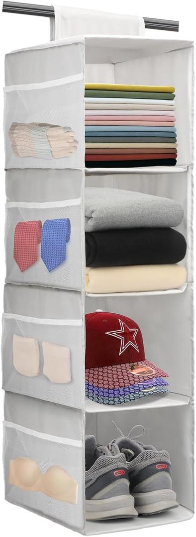 PetsHome 4-Shelf Hanging Closet Organizer, Space Saver, Closet Hanging Storage Shelves with Mesh Pockets & Magic Tap for Storage, Foldable-Grey