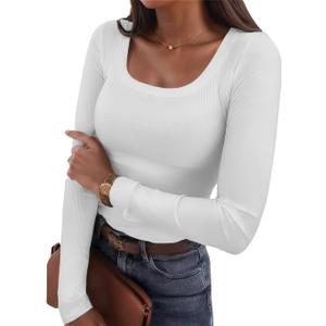 Casual Women's Long Sleeve Shirts Ribbed Knit Fitted Stretch Scoopneck Basic Solid Tunic Tops (X-Large, White)