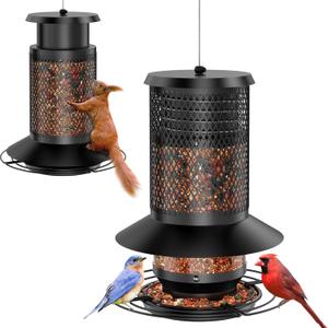 Squirrel Proof Bird Feeder, Metal Bird Feeders for Outdoors Hanging, Weight-Activated Squirrel-Proof Design w/ 360 Wrap Around Baffle, Large Capacity Hanging Birdfeeder for Outside, Black