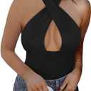 REORIA Butsmooth Women's Trendy Sexy Criss Cross Halter Neck Sleeveless Thong Bodysuits Tops Clubwear (Medium, Black)